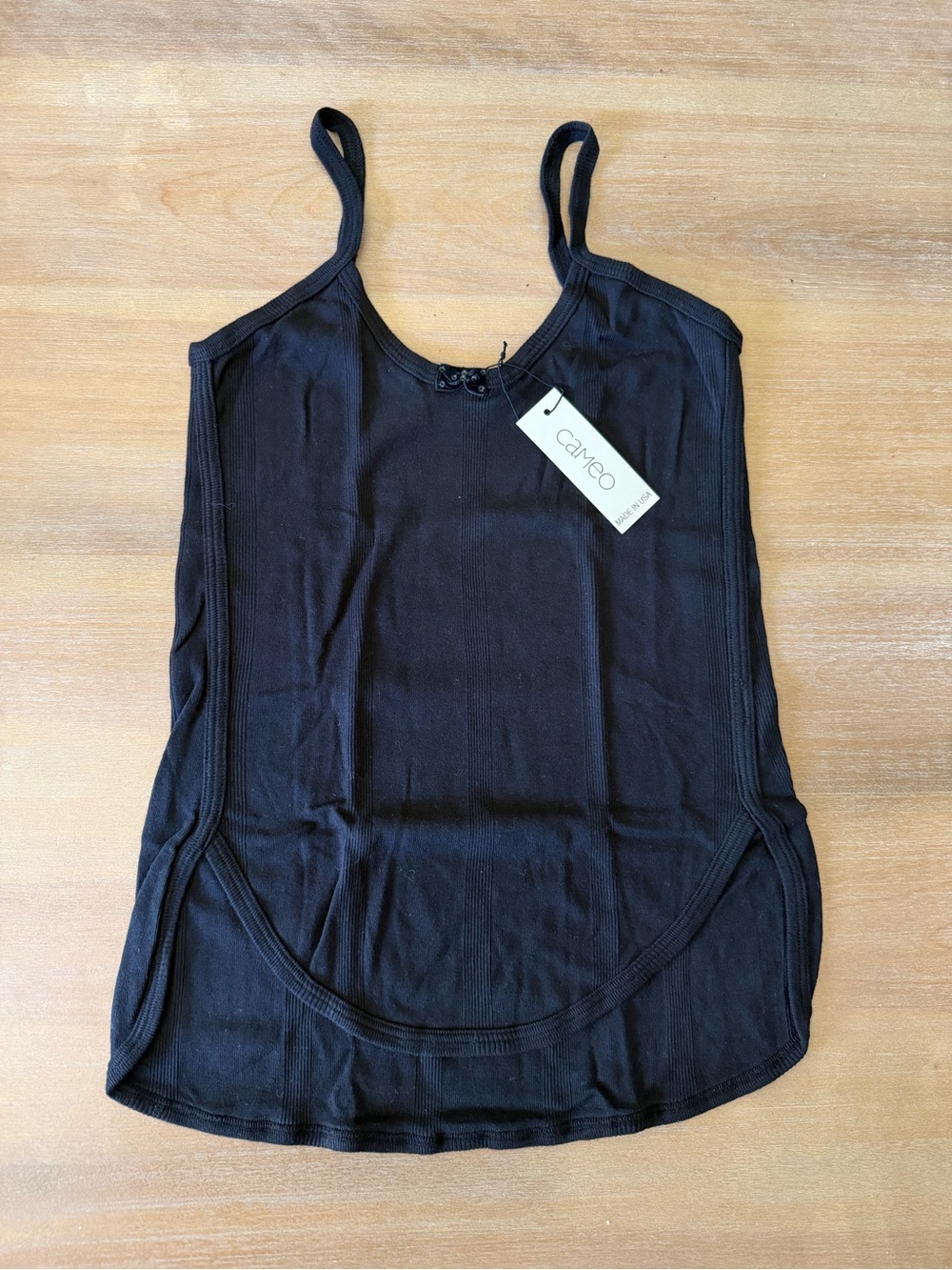 cameo Black Ribbed Cotton Spaghetti-Strap Pointelle Camisole Curved Hem Bow, M